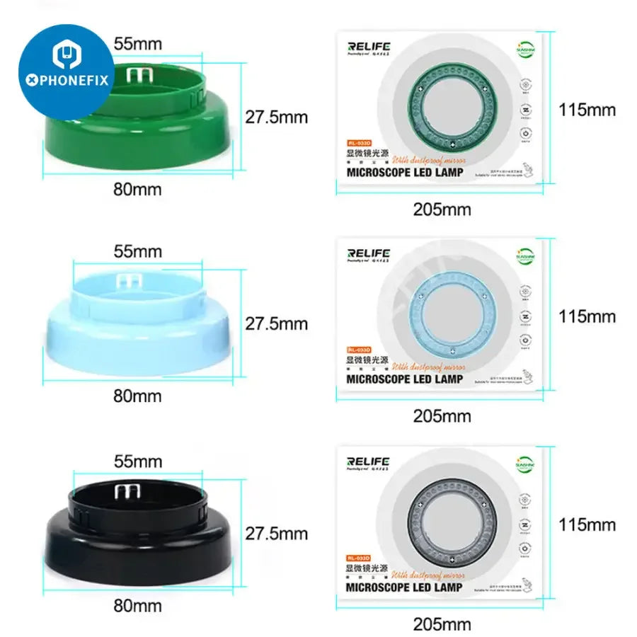 Relife RL-033D microscope LED light source with touch switch and snap-in lamp, compatible with microscope accessories.
