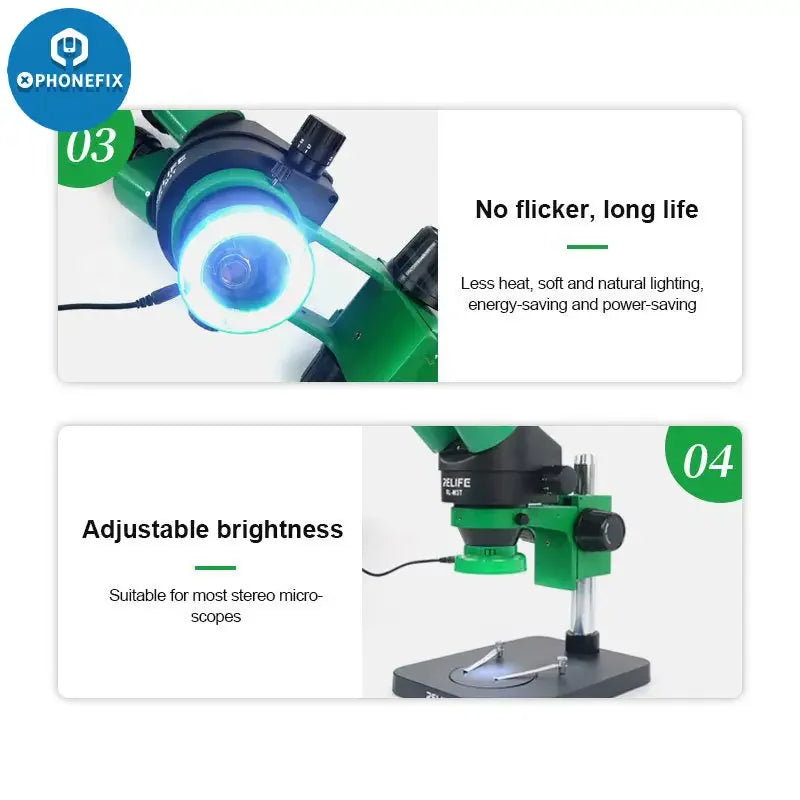 Relife RL-033D microscope LED light source with touch switch and snap-in lamp, compatible with microscope accessories.