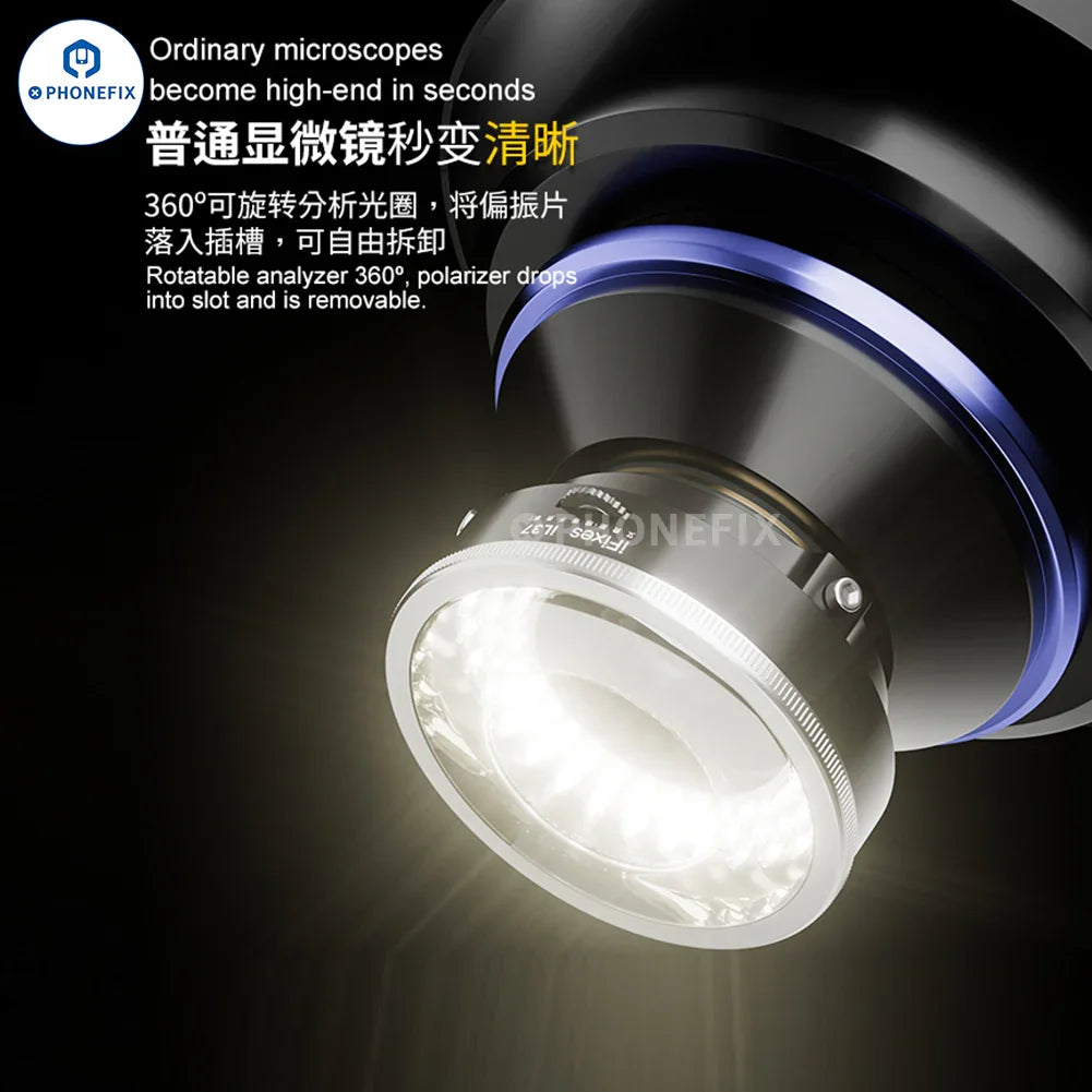 iFixes iL37 microscope illuminator with polarized ring light and 96 LED lamps, a PHONEFIX microscope accessory for enhanced illumination.