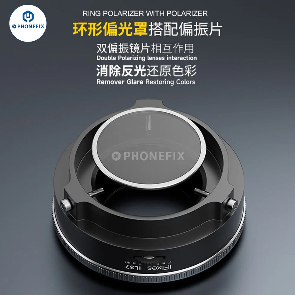 iFixes iL37 Microscope Illuminator with polarized ring light and 96 LED lamps, a PHONEFIX microscope accessory for enhanced lighting.