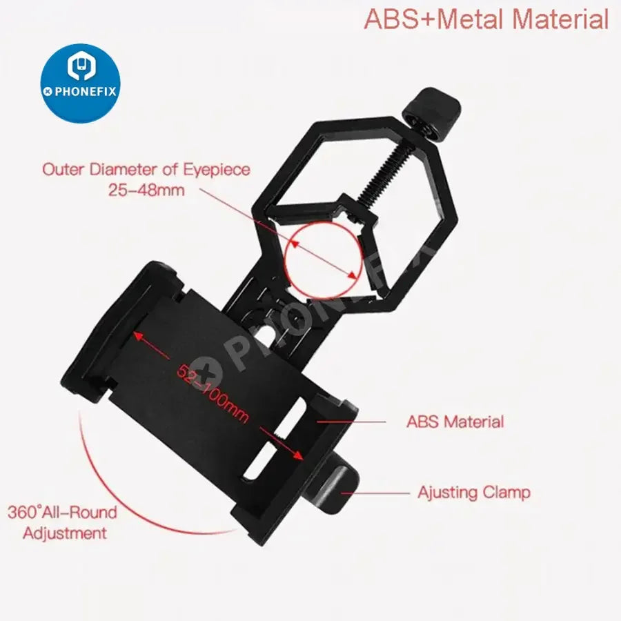 PHONEFIX adjustable phone adapter mount with microscope clip bracket and stand for securing phones to microscopes.