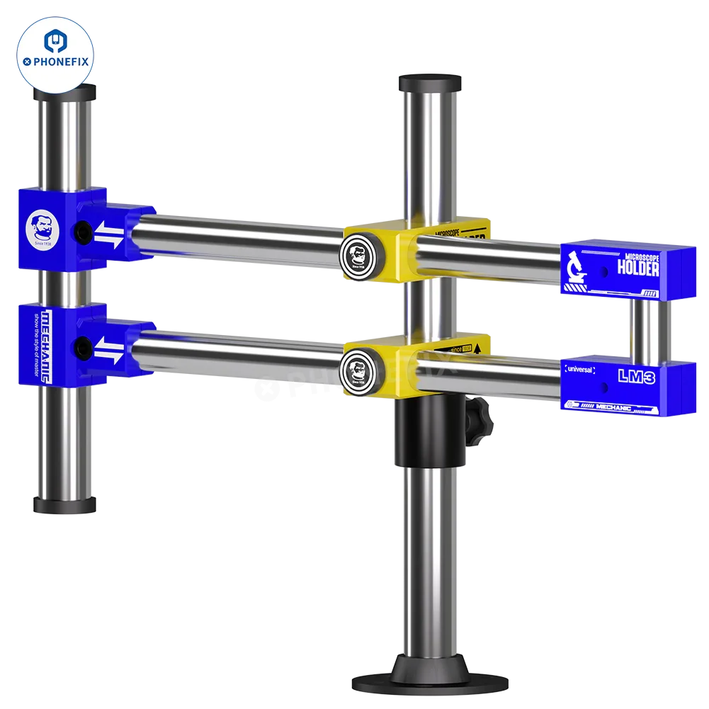PhoneFix MECHANIC LM3 360° universal double arm bracket for microscopes, adjustable microscope accessory with dual arms.
