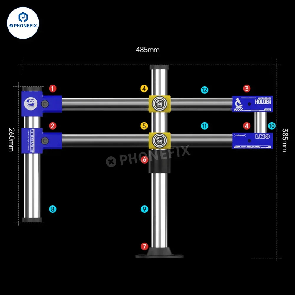PHONEFIX MECHANIC LM3 360° Universal Double Arm Bracket for microscopes, showing adjustable metal support arms in a close-up image.