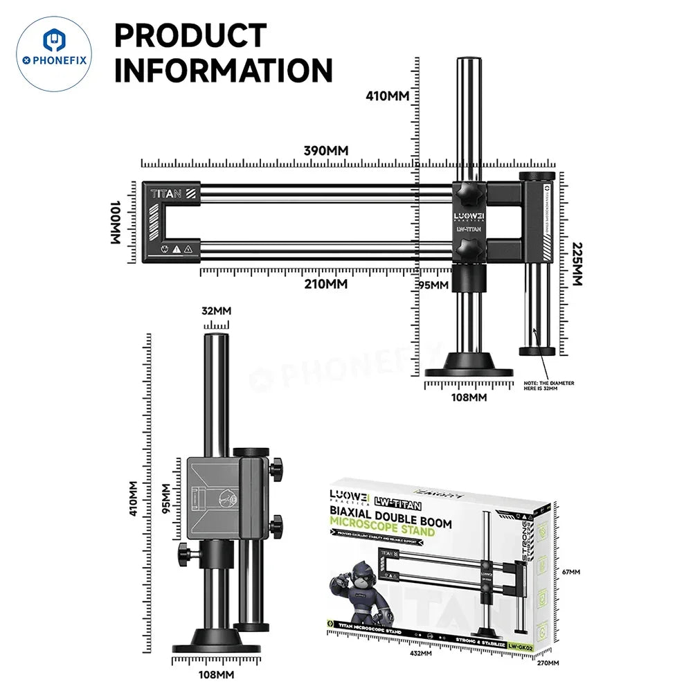 Universal double arm bracket for microscopes from PHONEFIX, adjustable 360° for secure mounting of microscope accessories.