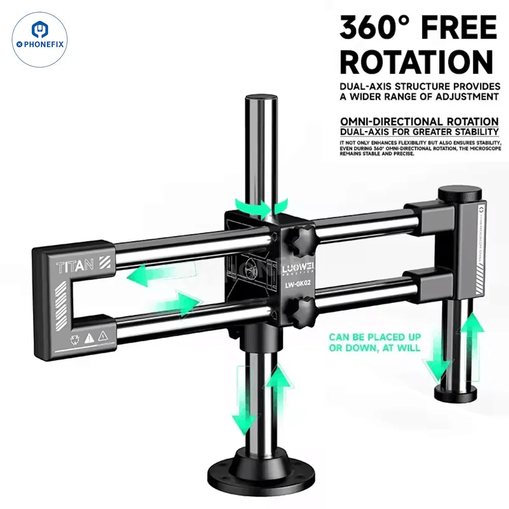 PhoneFix LM3 360° universal double arm bracket for microscopes, microscope accessory with adjustable arms and sturdy mount.
