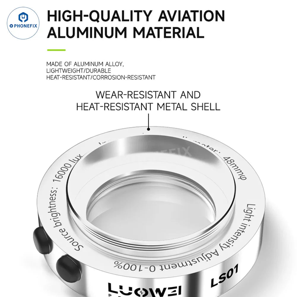 LUOWEI LW-LS01 LW-LS02 polarized microscope ring light for microscope accessories, shown mounted on a microscope.