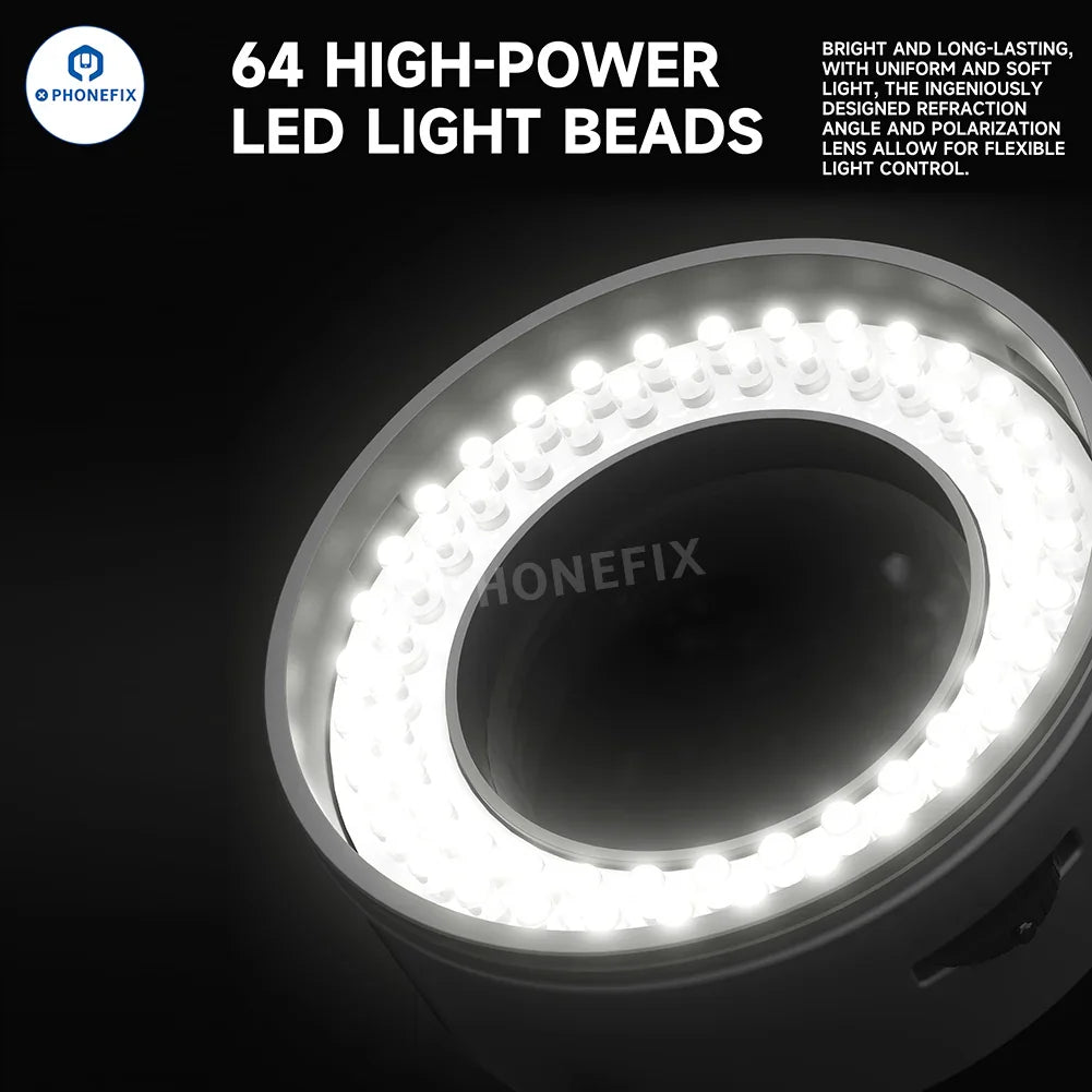 Phonefix LUOWEI LW-LS01 LW-LS02 polarized microscope ring light attached to a microscope for enhanced illumination and clarity.