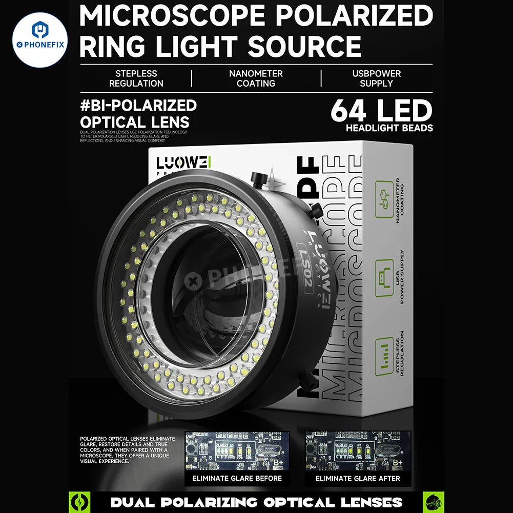 LUOWEI LW-LS01 LW-LS02 polarized microscope ring light mounted on a microscope, providing focused illumination for detailed viewing.
