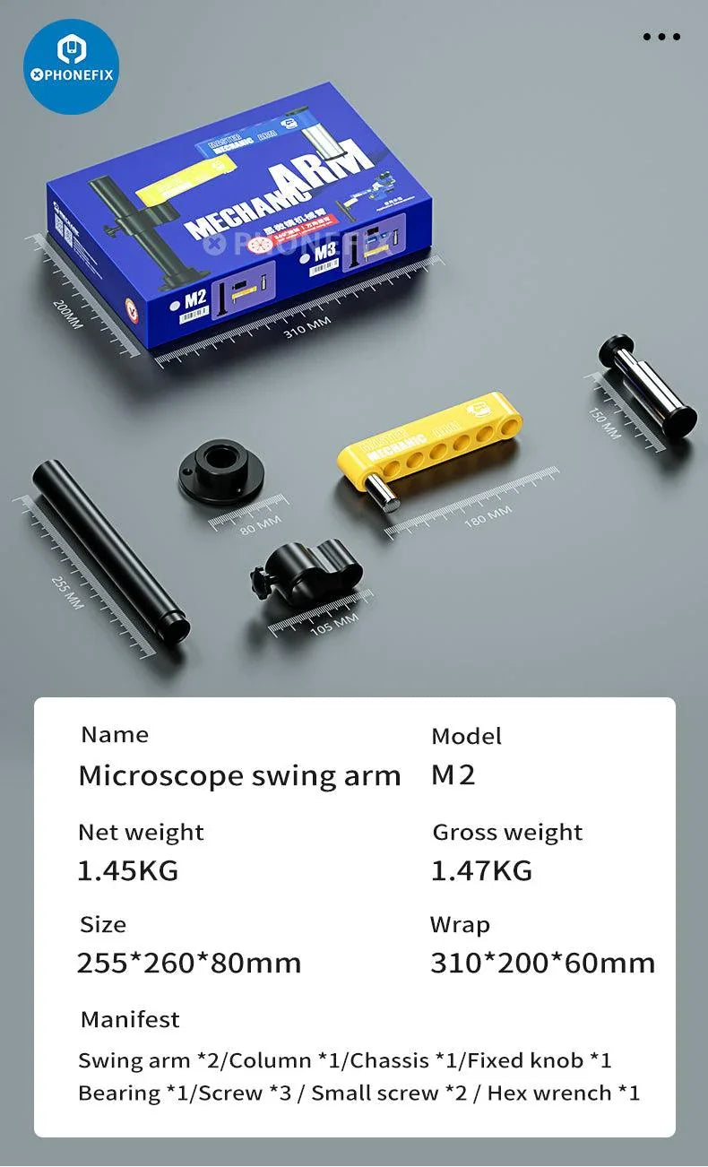 Aluminum alloy swing arm bracket for microscope accessories by PHONEFIX, designed for MECHANIC M2 and M3 microscopes.