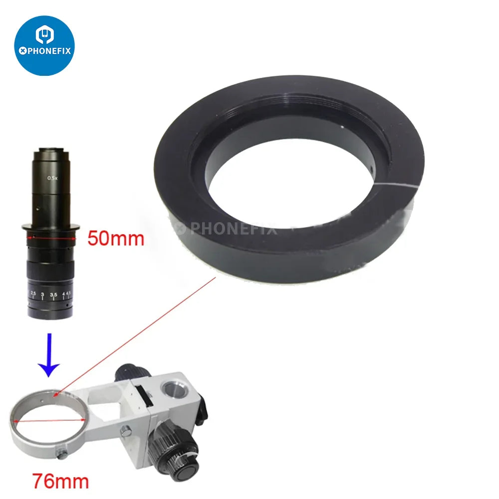 PHONEFIX microscope C-mount lens adapter ring in black for 35/40/50/76mm microscopes and camera accessories.