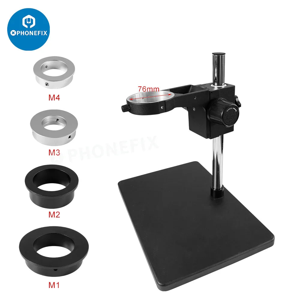 PHONEFIX C-mount lens adapter ring for microscope cameras in 35mm, 40mm, 50mm, and 76mm sizes, shown on a microscope accessory.