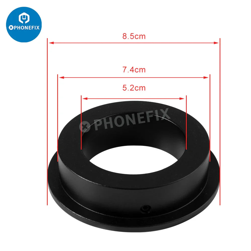 PHONEFIX C-mount lens adapter ring for microscope cameras, available in 35mm, 40mm, 50mm, and 76mm sizes, for enhanced imaging.