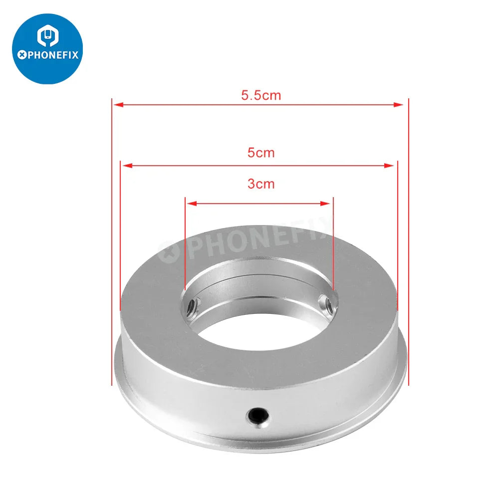 PHONEFIX microscope C-mount lens adapter ring in sizes 35mm, 40mm, 50mm, and 76mm for microscope cameras, shown in image M3