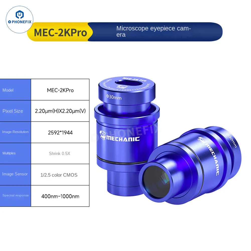 PHONEFIX MECHANIC MEC 4K 2K HD electronic eyepiece camera for stereo microscopes, showcasing the compact camera attached to a microscope.