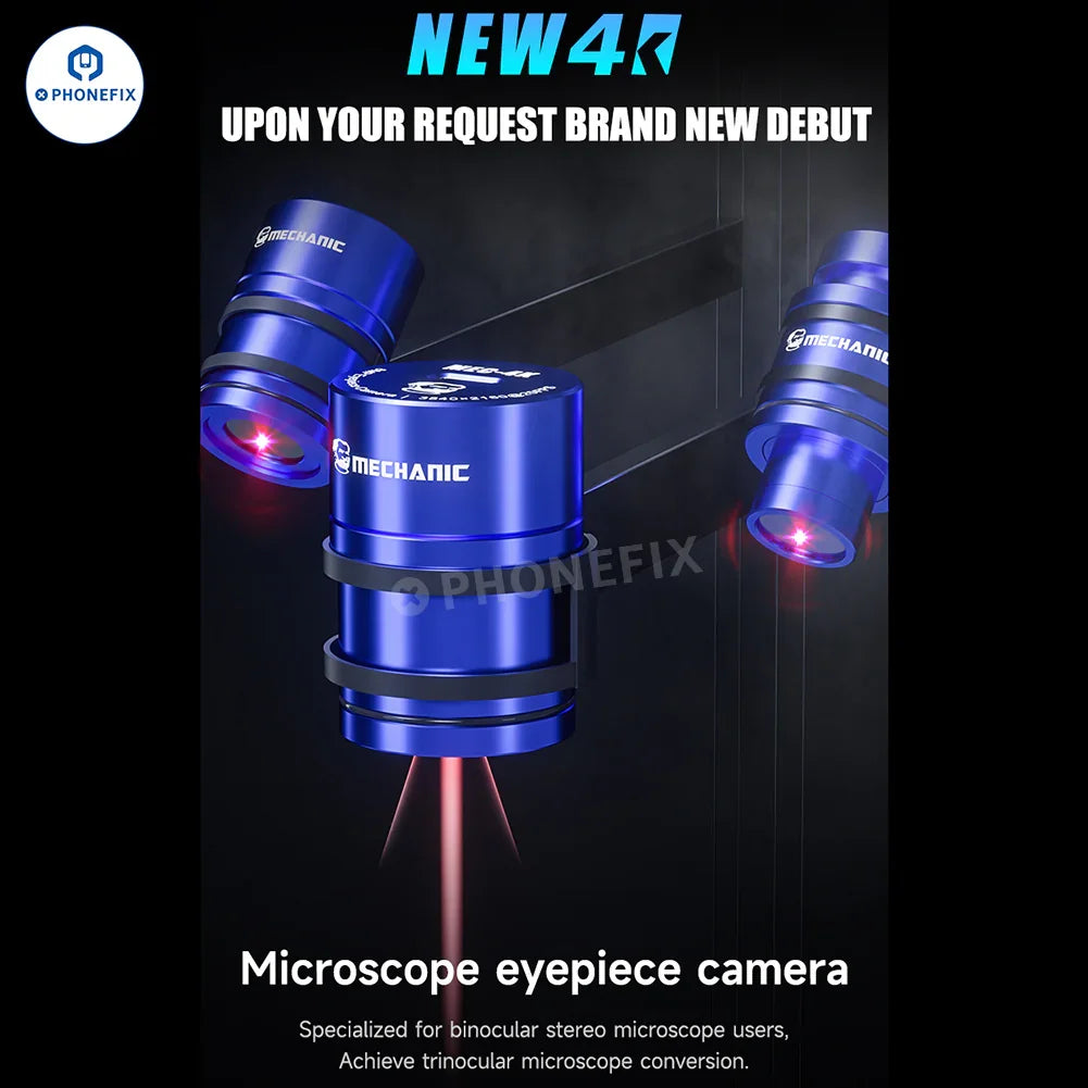 PHONEFIX MECHANIC MEC 4K 2K HD electronic eyepiece camera for stereo microscopes, showing the compact camera device attached.