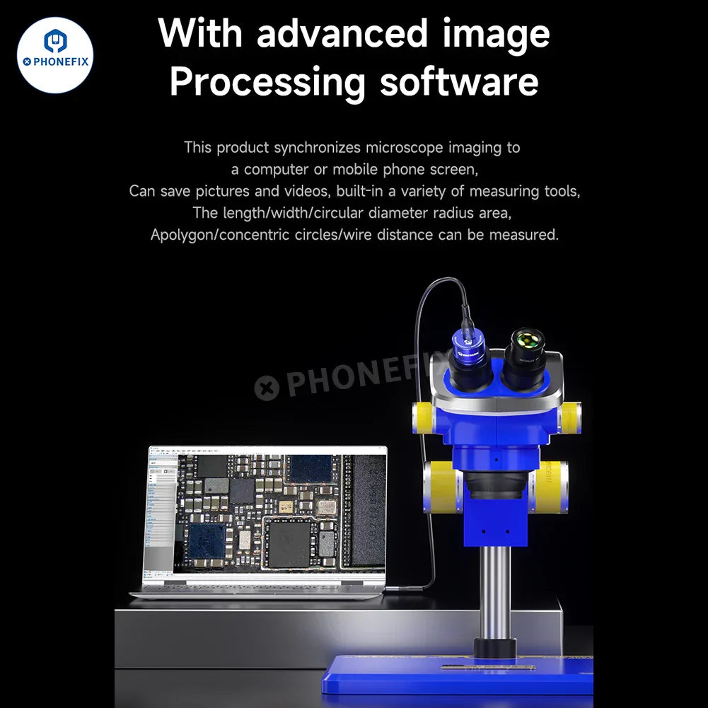 PhoneFix MECHANIC MEC 4K 2K HD electronic eyepiece camera for stereo microscope, mounted on a microscope eyepiece.