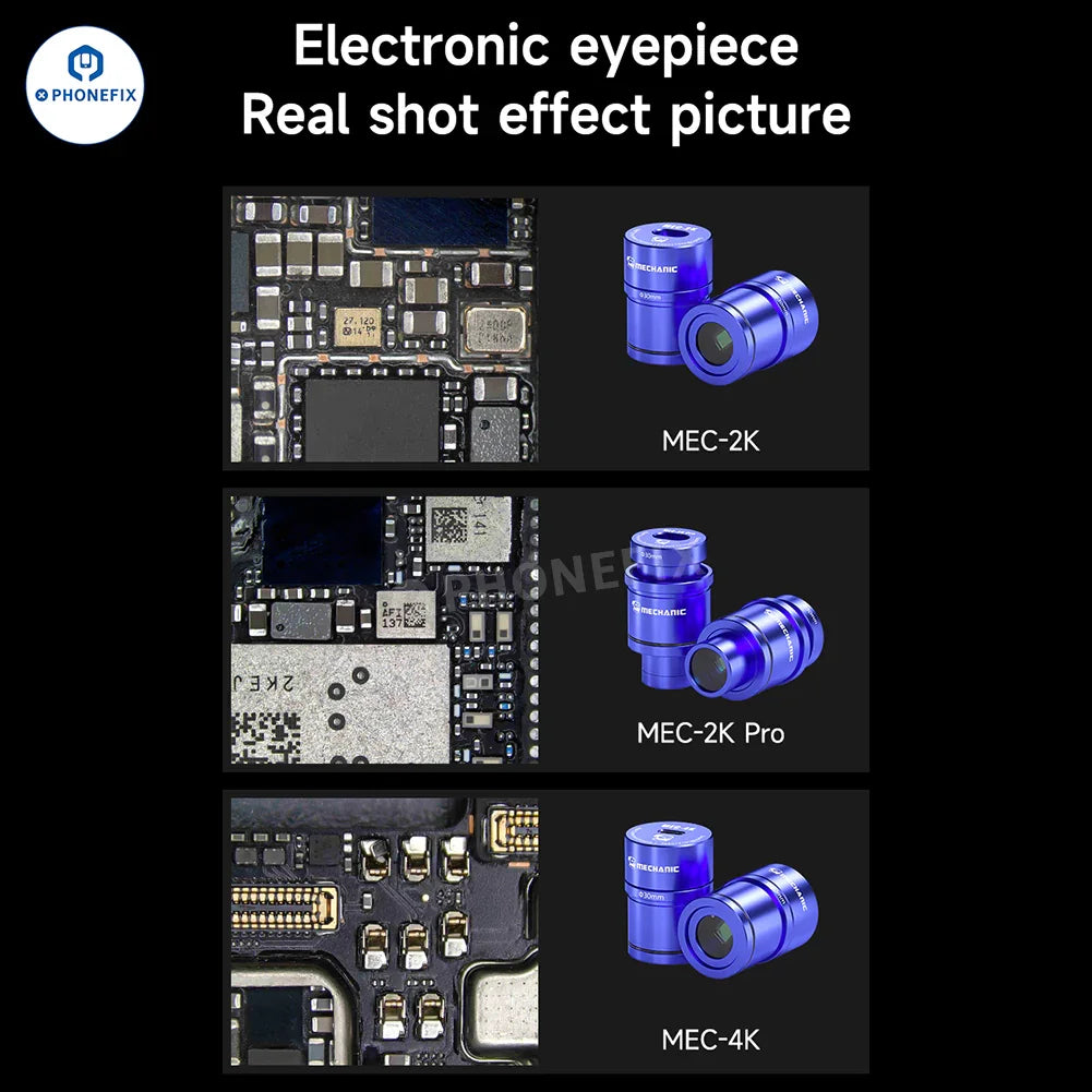 PHONEFIX MECHANIC MEC 4K 2K HD electronic eyepiece camera for stereo microscopes, showing its compact design and connection port.