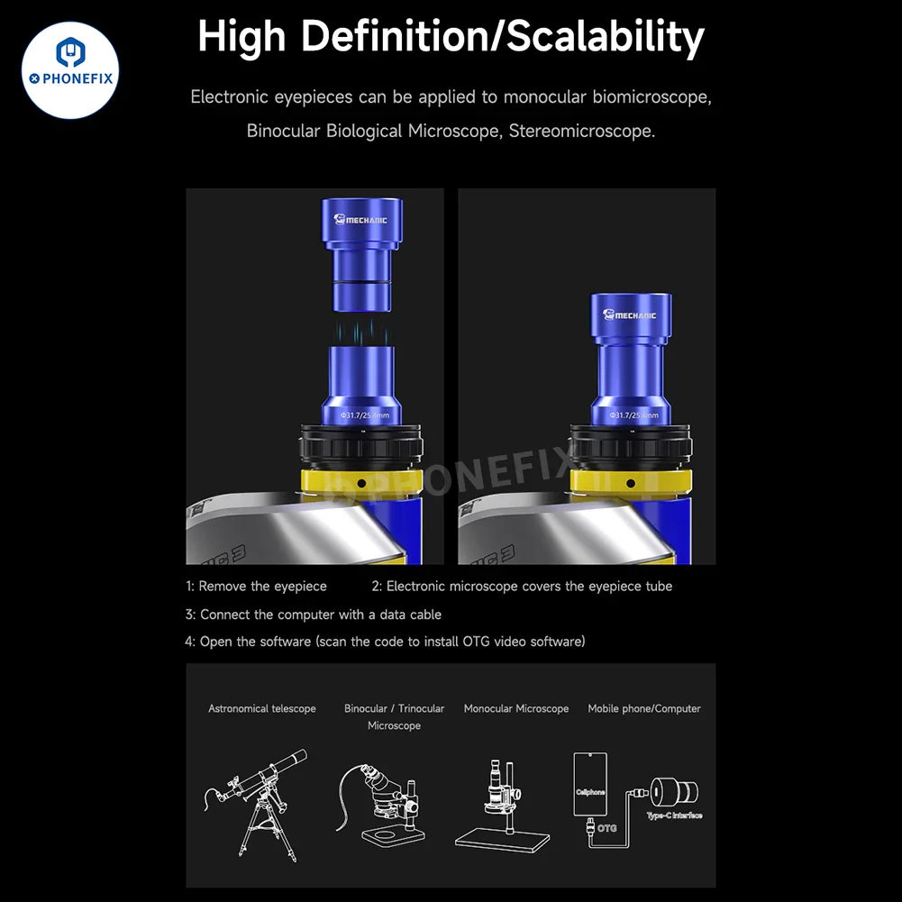 PHONEFIX MECHANIC MEC 4K 2K HD electronic eyepiece camera for stereo microscopes, with high-resolution imaging and versatile compatibility.