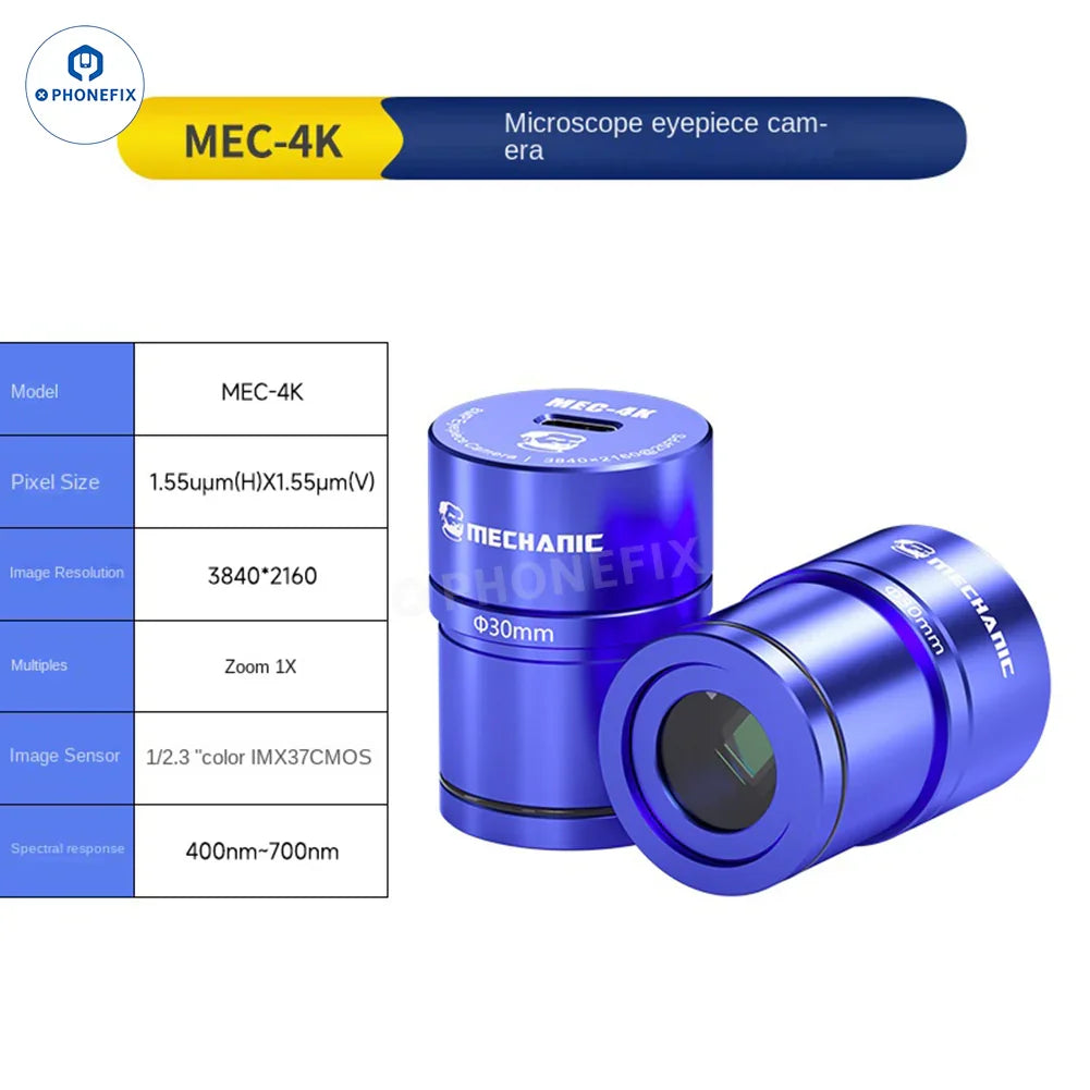PhoneFix MECHANIC MEC 4K 2K HD electronic eyepiece camera for stereo microscopes showing detailed lens and connection ports