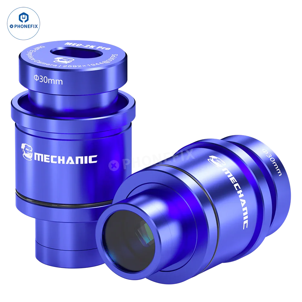 PHONEFIX MECHANIC MEC 4K 2K HD electronic eyepiece camera for stereo microscopes, displaying the camera mounted on a microscope.