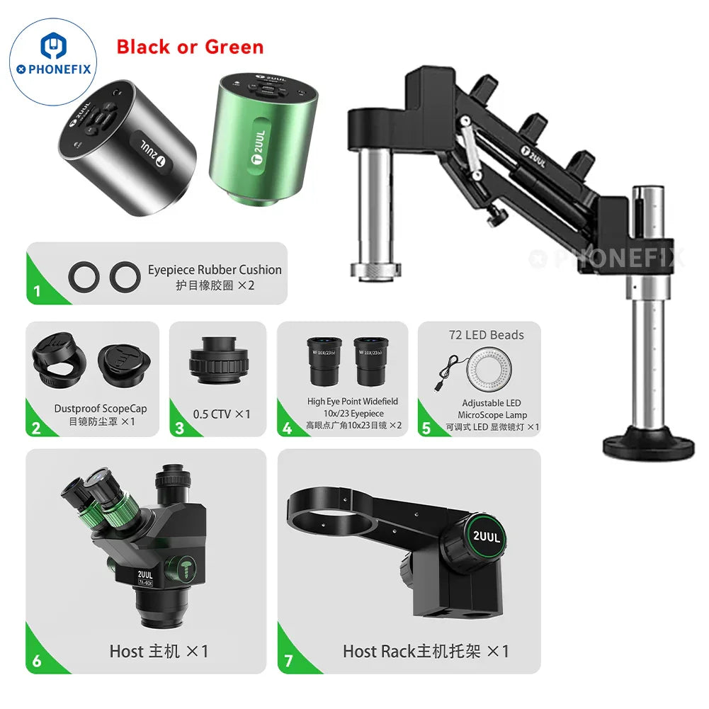 PhoneFix 2UUL MS71 adjustable damping microscope boom arm stand showing flexible arm with mounting clamp and base for lab use.