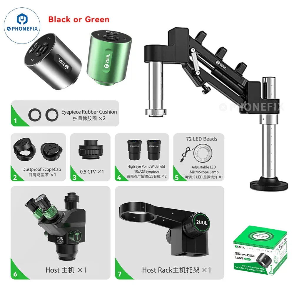 Electric microscope with trinocular head, 7-60X magnification, used for PCB micro-soldering, branded PHONEFIX MC7060-A1.