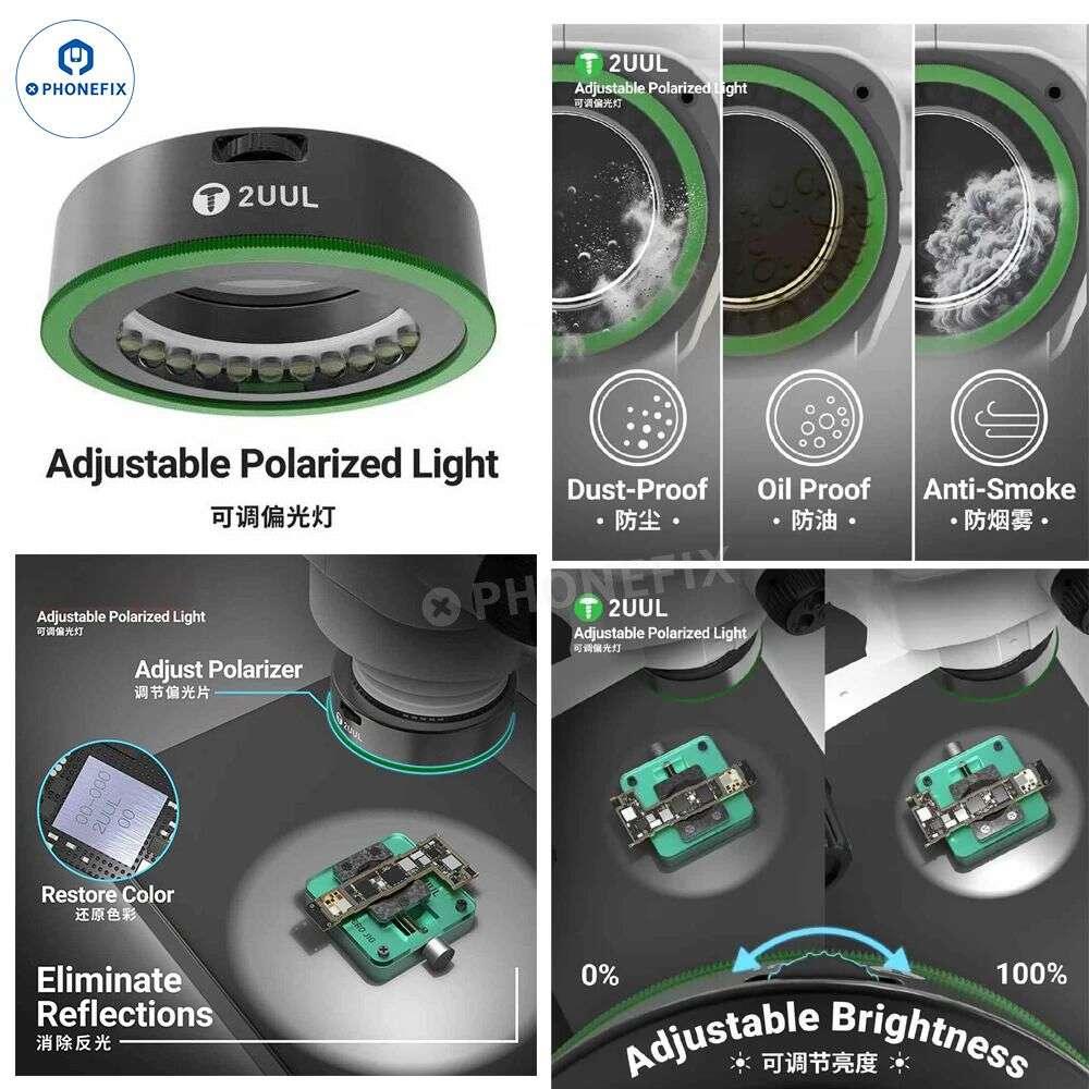 Anillo de luz LED polarizado ajustable para microscopios, con la marca PHONEFIX, utilizado como accesorio para microscopio para mejorar la iluminación.
