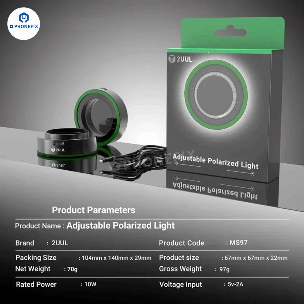 PHONEFIX 2UUL Lámpara de anillo LED polarizada ajustable para microscopio, con iluminación brillante y regulable.
