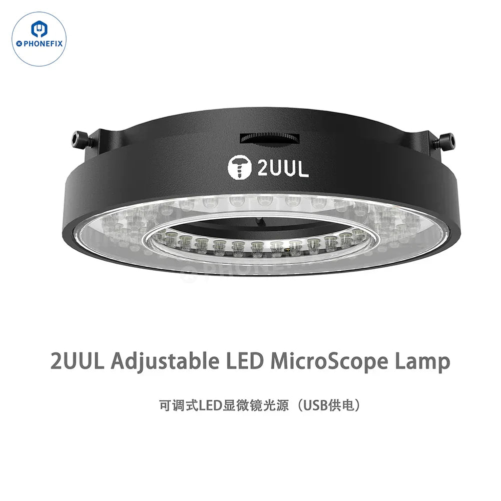 Anillo de luz LED polarizada ajustable que se acopla a un microscopio, diseñado para mejorar la iluminación en aplicaciones de microscopía.