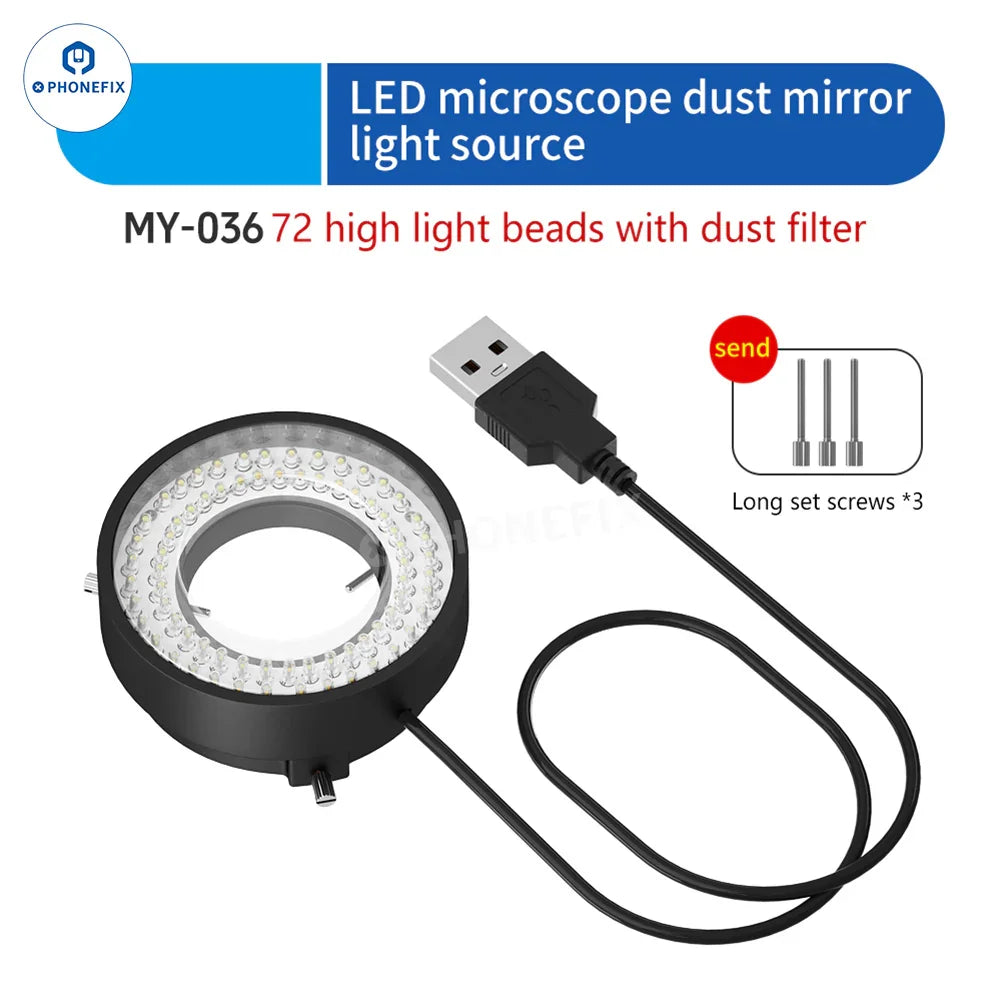 Phonefix MaAnt LED Microscope Ring Light with adjustable brightness for models MY-036, MY-037, and MY-038, enhancing microscope illumination.