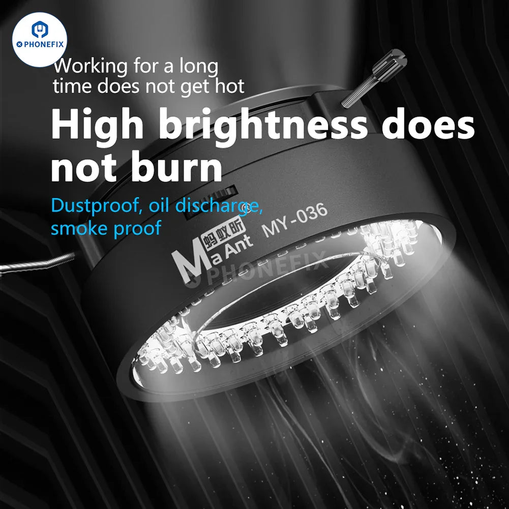 MaAnt LED microscope ring light for MY-036, MY-037, MY-038 models, with 72/96/144 LEDs, designed for PHONEFIX microscope accessories.