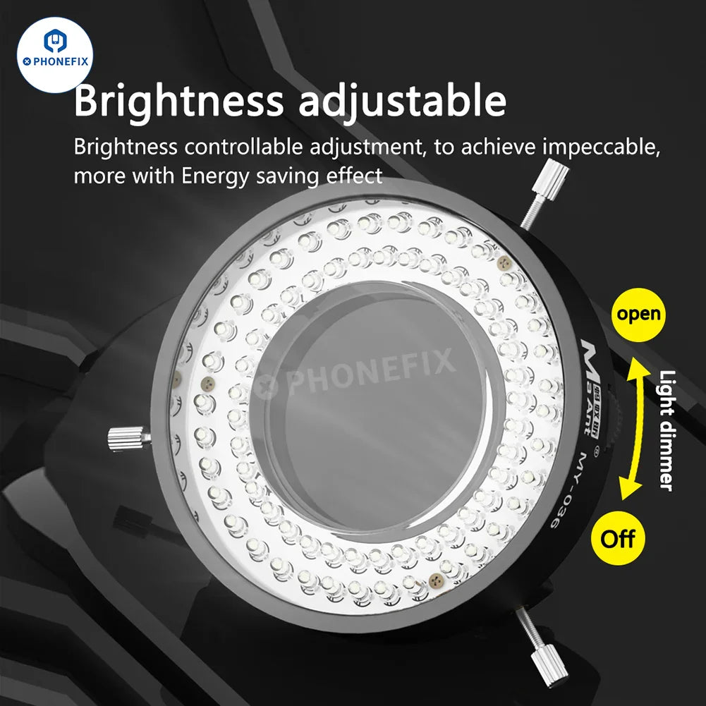 PHONEFIX MaAnt LED Microscope Ring Light for MY-036, MY-037, MY-038 models, providing adjustable illumination for detailed microscopy.