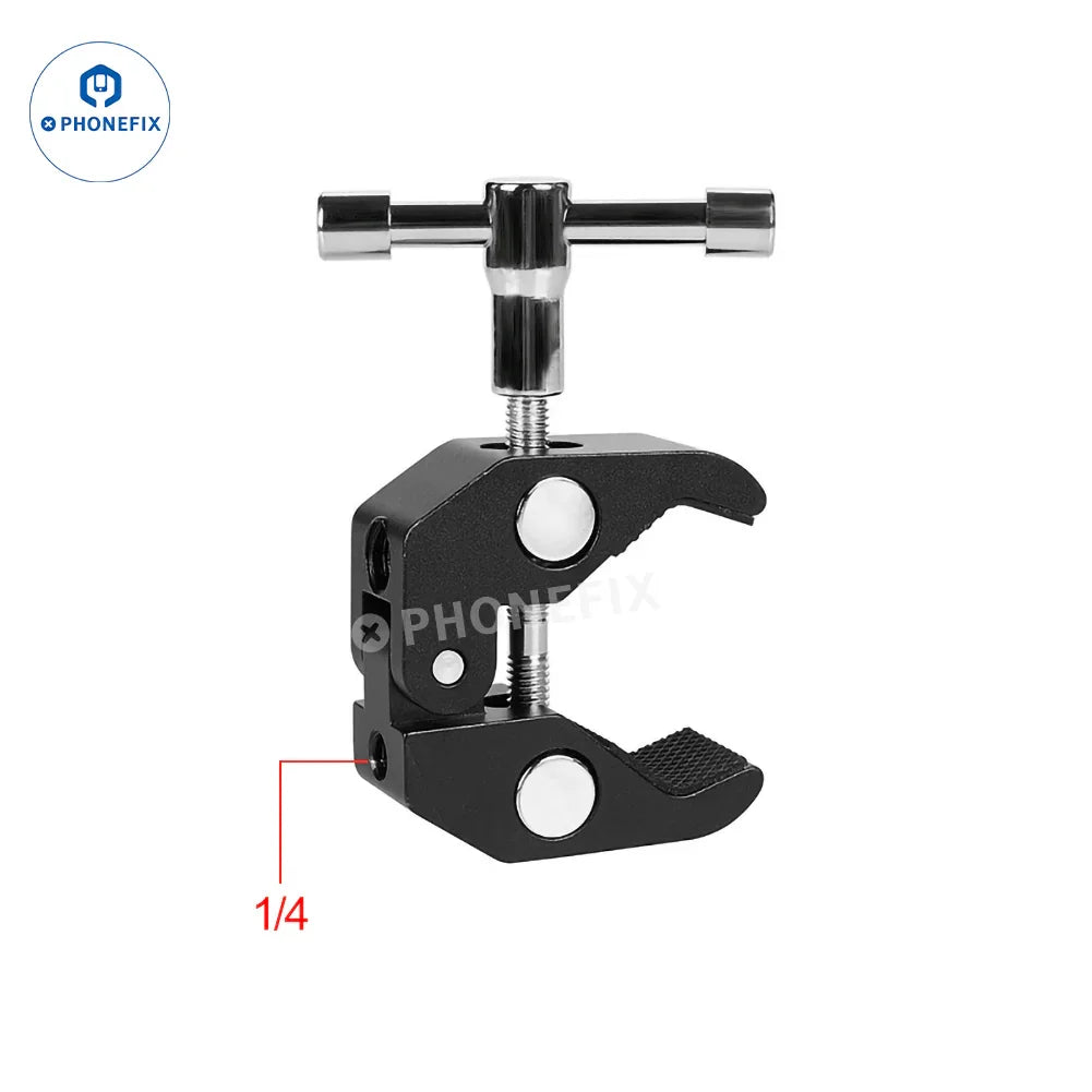 PhoneFix 1/4 screw hole magic arm fixed bracket with super pliers clamp for microscope accessories, versatile mounting support.