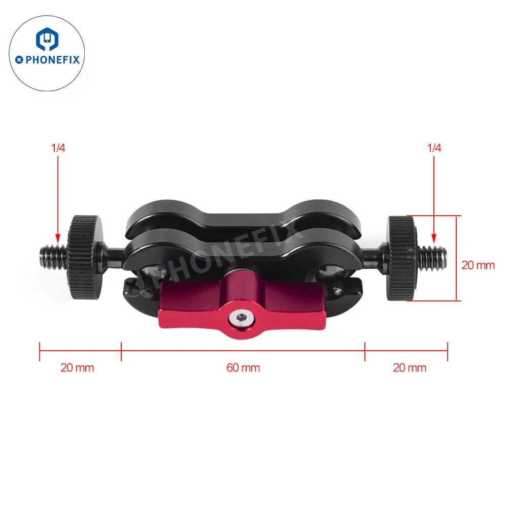 PhoneFix 1/4 screw hole magic arm fixed bracket with super pliers clamp, ideal for microscope accessory mounting and adjustments.