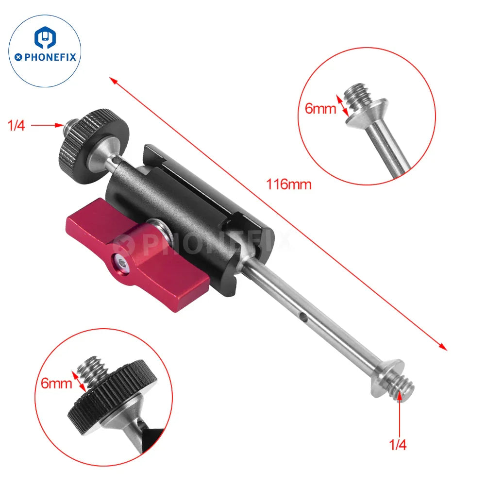 PhoneFix 1/4 screw hole magic arm fixed bracket attached to microscope accessory with super pliers clamp for secure mounting.