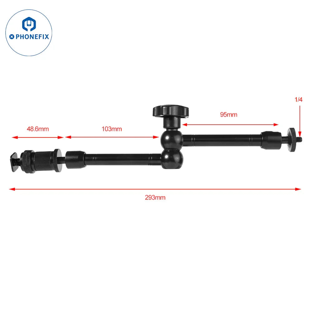 PHONEFIX microscope accessory showing a 1/4 screw hole magic arm fixed bracket with super pliers clamp for secure attachment.