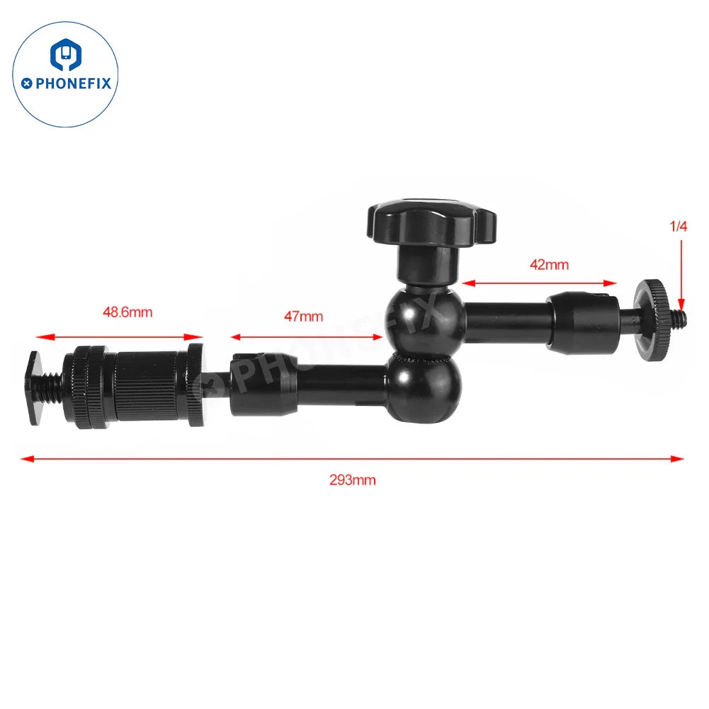 PHONEFIX 1/4 screw hole magic arm fixed bracket with super pliers clamp for microscope accessories, showing the sturdy metal clamp.