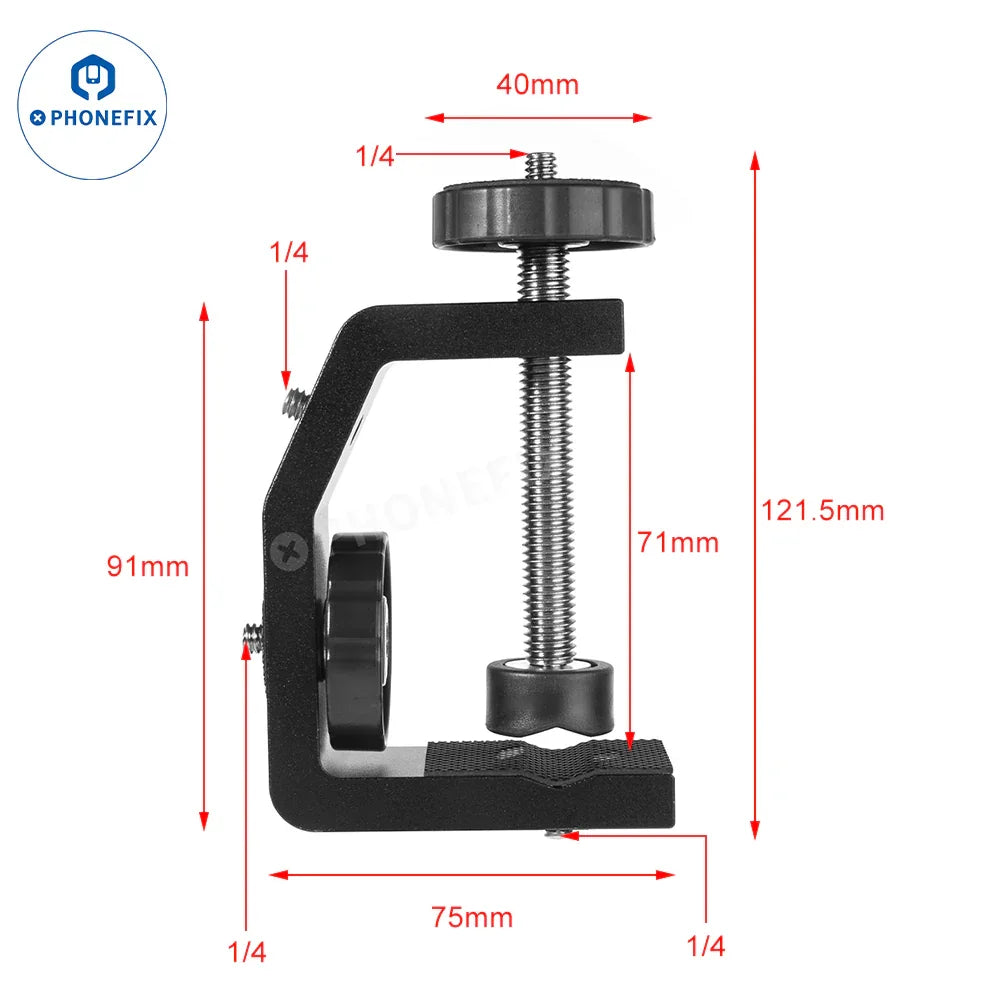 PHONEFIX 1/4 screw hole magic arm fixed bracket attached to microscope accessories with super pliers clamp for stable positioning.