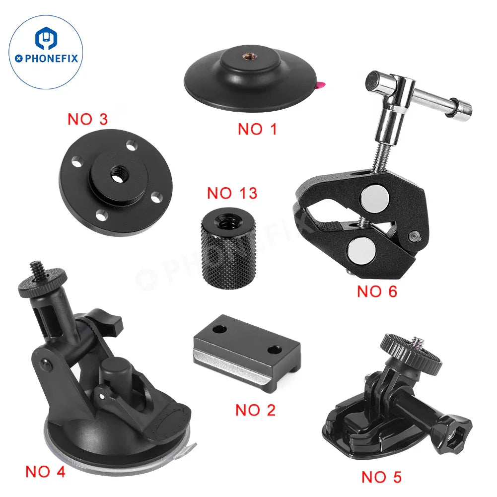 PhoneFix 1/4 screw hole magic arm fixed bracket clamp for microscope accessories, featuring sturdy super pliers clamp for secure attachment.