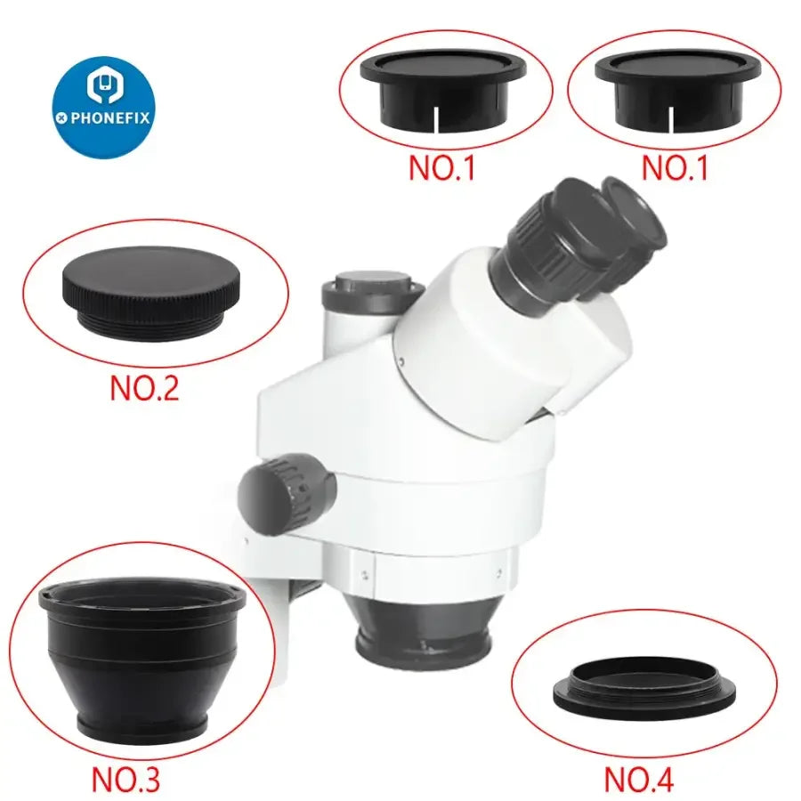 Phonefix trinocular stereo industrial microscope auxiliary parts showing adjustable zoom and optical components for detailed inspection.