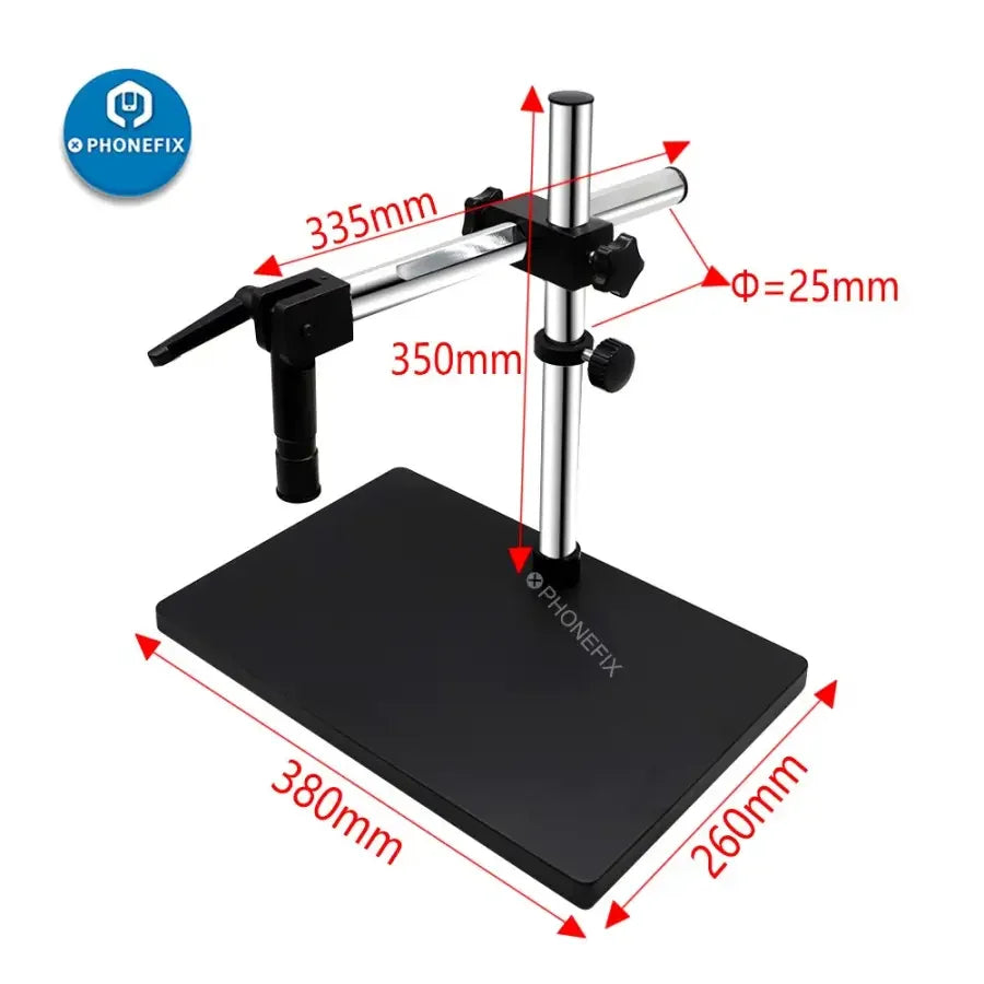 Industrial microscope base platform with double arm rotating bracket, designed for microscope accessories by PHONEFIX.