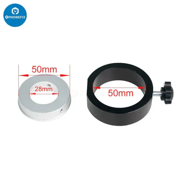PhoneFix 50mm to 40mm microscope ring adapter for microscope table stands, compatible with various microscope accessories.