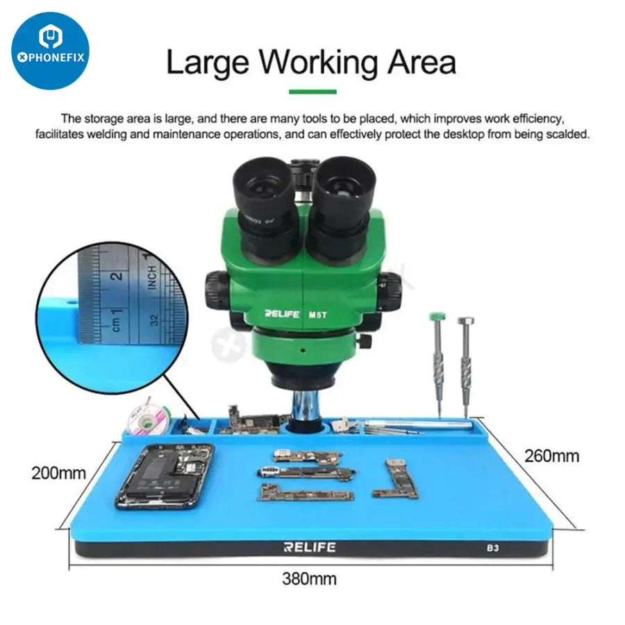 PhoneFix microscope base pad for PCB soldering repair, a black maintenance platform mat for stable work during electronics repairs.