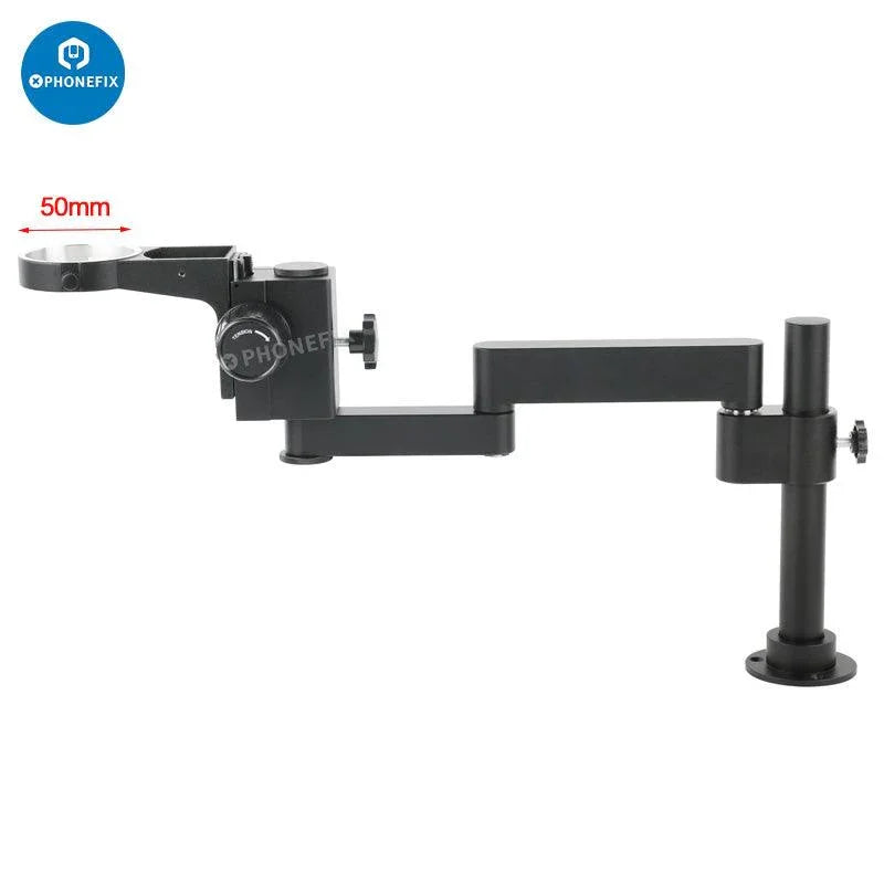 PhoneFIX articulating arm clamp for microscopes, 50/76mm focusing holder, adjustable bracket for secure microscope accessory attachment.