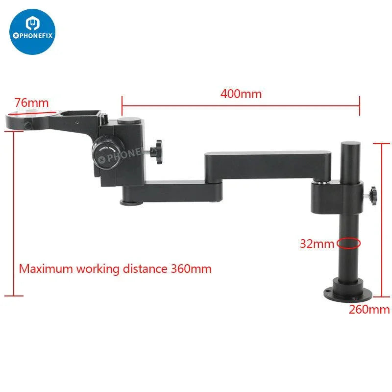 PhoneFIX articulating arm clamp microscope bracket for 50/76mm focusing holder, adjustable accessory for microscope setup.