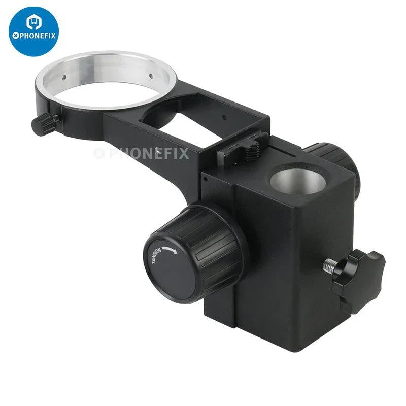 PhoneFIX articulating arm clamp for microscope accessories, 50/76mm focusing holder with screw fixing stand for stable positioning.
