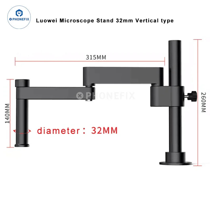 PhoneFIX articulating arm clamp for microscope, adjustable focusing holder, fits 50mm or 76mm microscopes, microscope accessory bracket