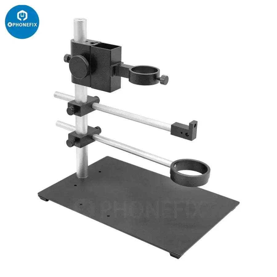 Adjustable dual-arm metal boom stand from PHONEFIX for microscope cameras, featuring secure holder set for precise positioning.