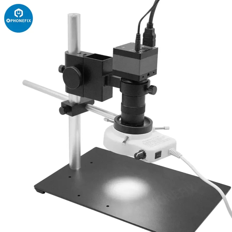 Dual arm boom stand for microscope camera, adjustable metal holder set by PHONEFIX, with flexible arms and secure mounting for microscopy.
