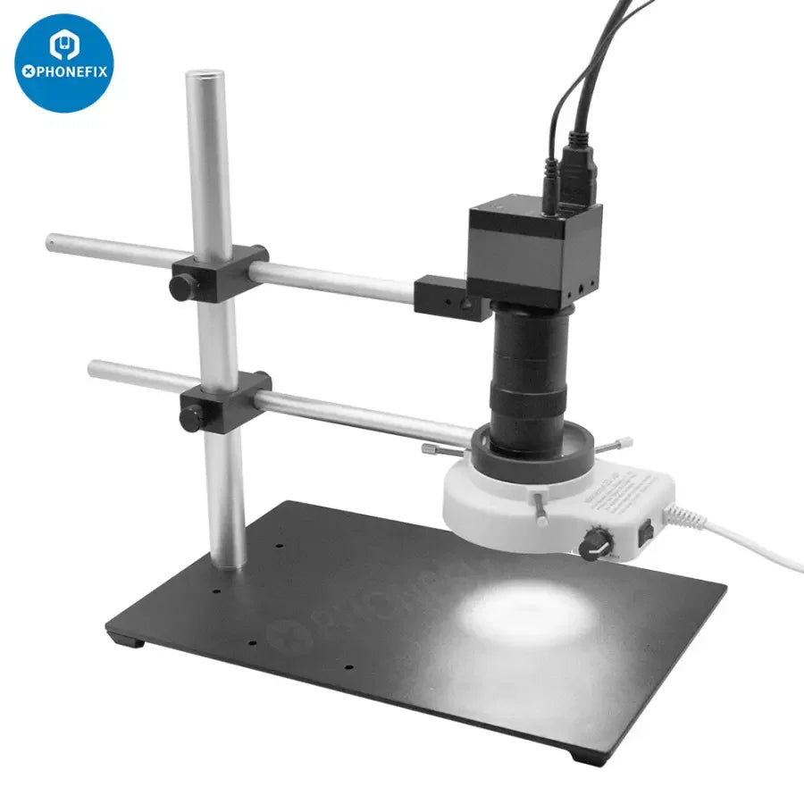 PhoneFix dual arm boom stand for microscope camera, adjustable metal holder set with sturdy arms and secure mounting clips.